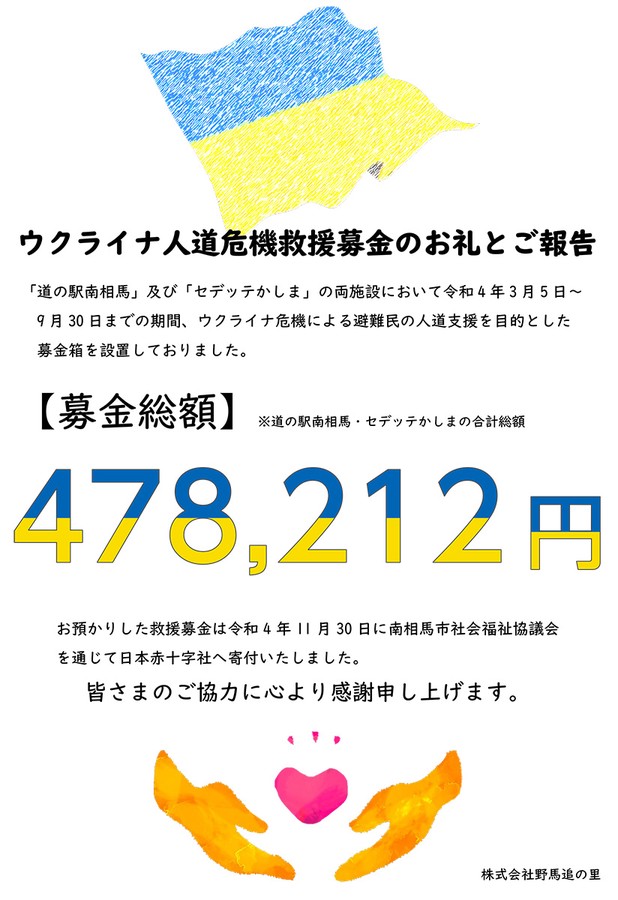 ウクライナ人道危機救援募金のお礼とご報告】 - セデッテかしま